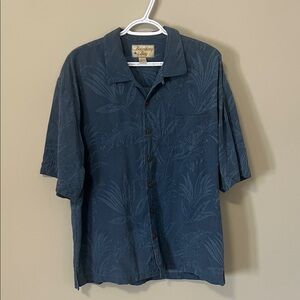 100% Silk Men's Short-Sleeve Textured Hawaiian Shirt Slate Blue Relaxed Fit XL